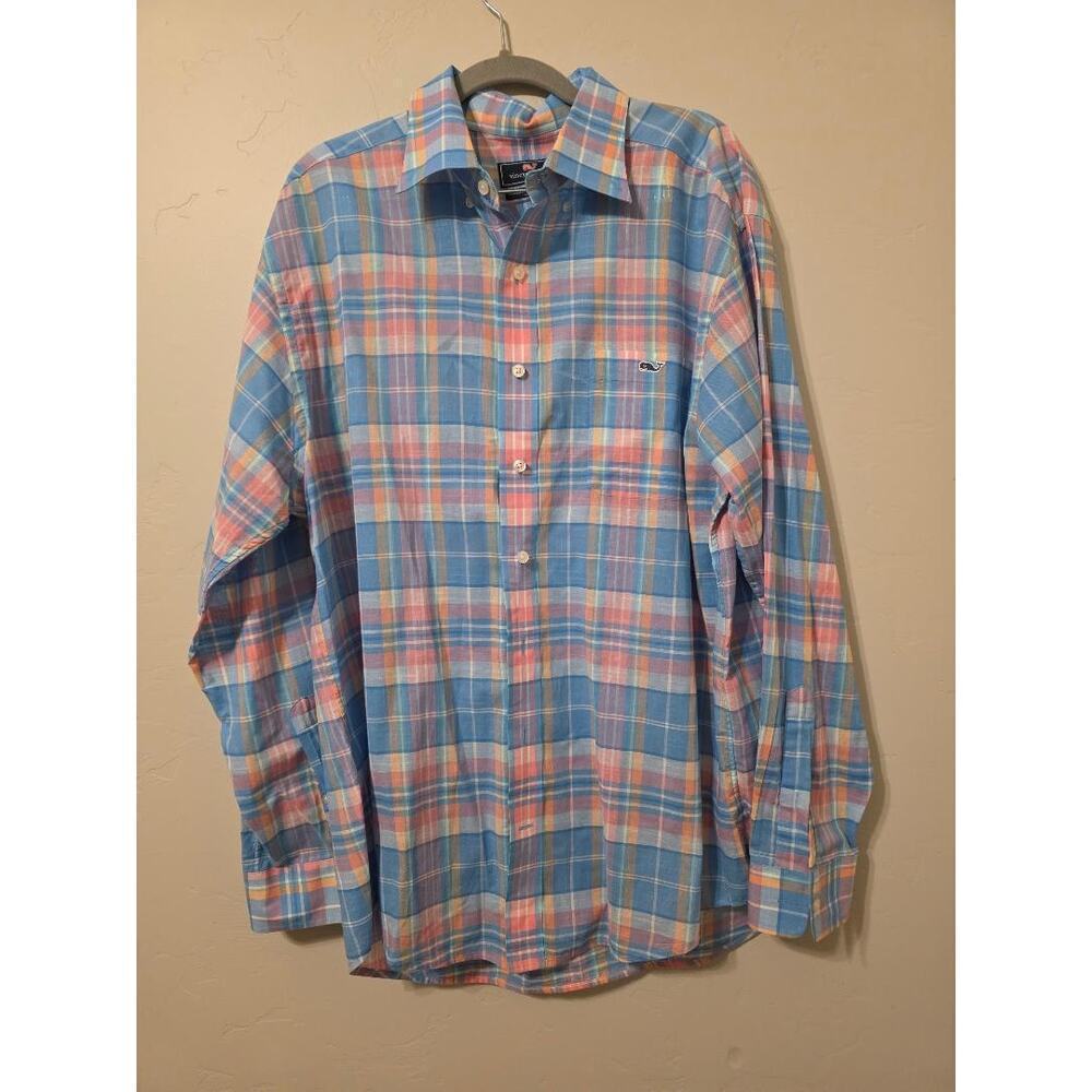 Vineyard Vines Classic Fit Plaid Button Down Shirt Men’s Large Blue Pink Cotton